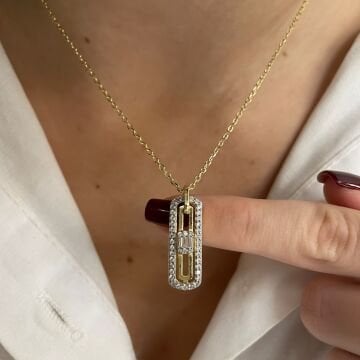 925 Ayar Gümüş İthal Baget Taşlı İki Renkli Kolye