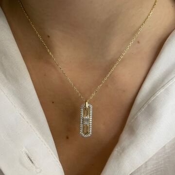 925 Ayar Gümüş İthal Baget Taşlı İki Renkli Kolye