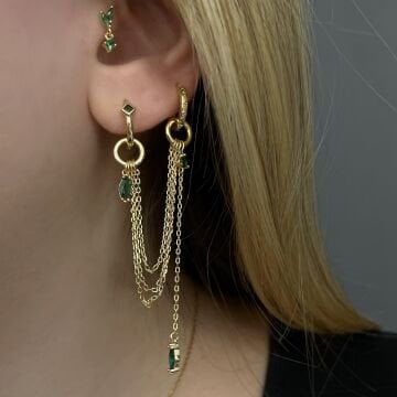 925 Ayar Gümüş Zümrüt Taşlı Zincir Küpe Aura