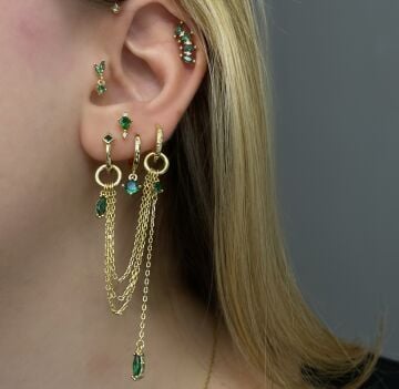 925 Ayar Gümüş Zümrüt Taşlı Zincir Küpe Aura