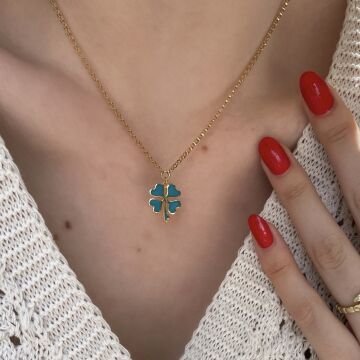 925 Ayar Gümüş Altın İşçilikli Özel Seri Yonca Kolye So Luck Turkuaz