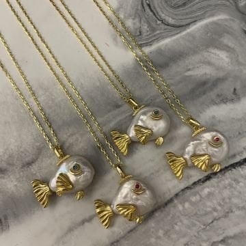 925 Ayar Gümüş Barok İncili Tasarım Balık Kolye Lucky Fish