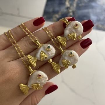 925 Ayar Gümüş Barok İncili Tasarım Balık Kolye Lucky Fish