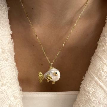 925 Ayar Gümüş Barok İncili Tasarım Balık Kolye Lucky Fish