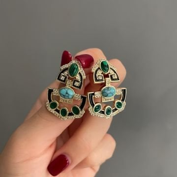 İthal Turkuaz Ve Malakit Taşlı Tasarım Küpe Gilda