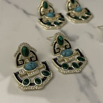 İthal Turkuaz Ve Malakit Taşlı Tasarım Küpe Gilda