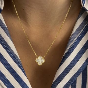 925 Ayar Gümüş İthal Sedef Taşlı Minimal Yonca Kolye Penny