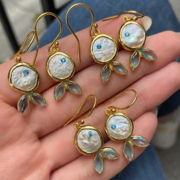925 Ayar Gümüş Akua Marin Taşlı İnci Balık Küpe Balığım