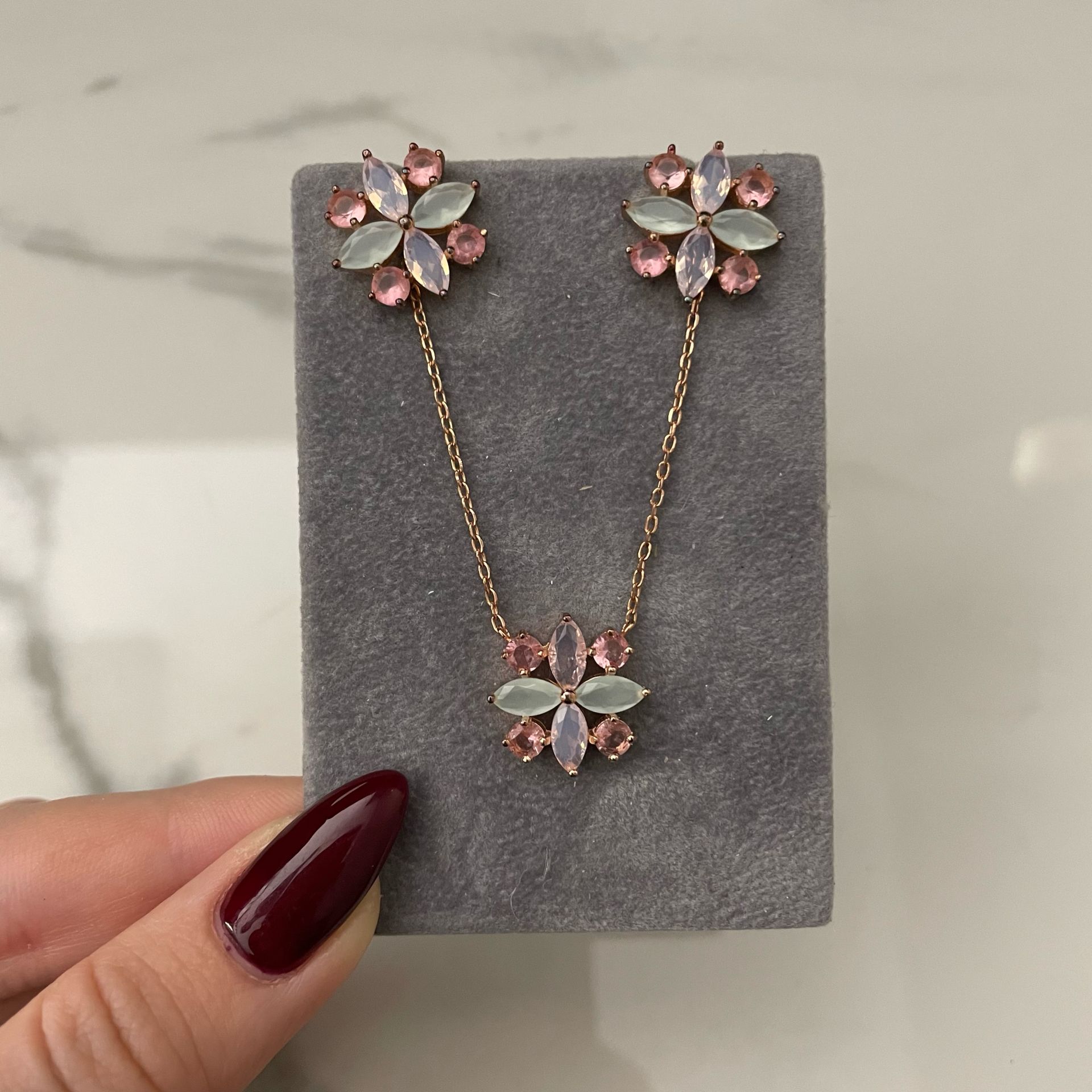 925 Ayar Gümüş Morganite Taşlı Çiçek Kolye Ve Küpe