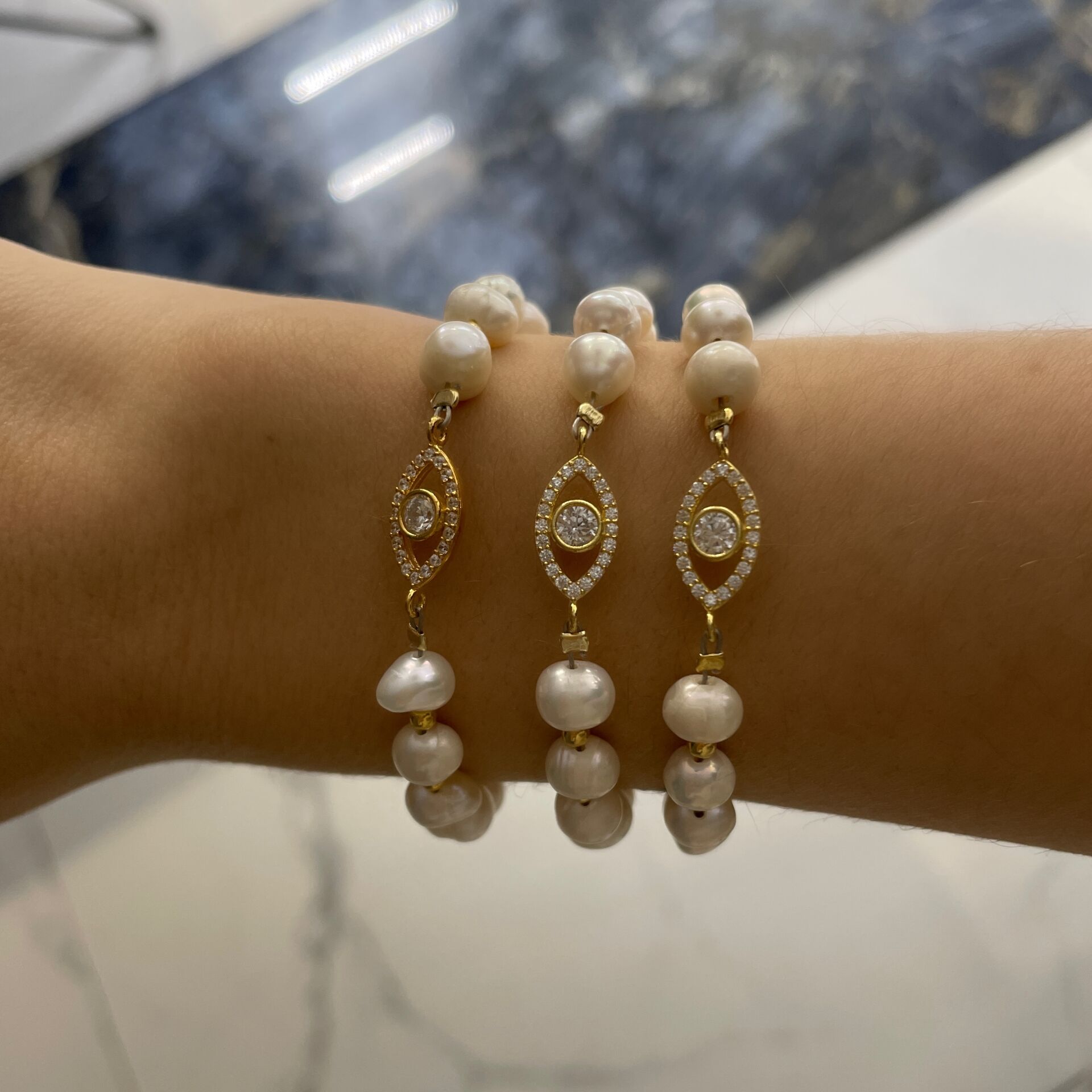 925 Ayar Gümüş Barok İncisi Göz Bileklik Mini Göz