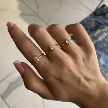 925 Ayar Gümüş Pembe Kuvars Taşlı Yüzük Pure