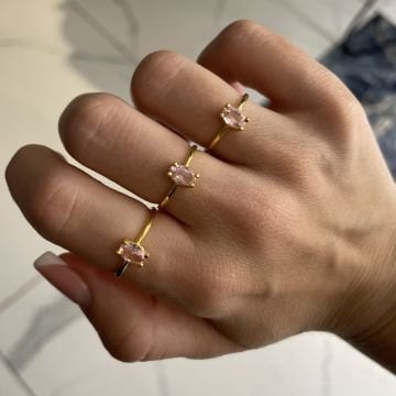 925 Ayar Gümüş Pembe Kuvars Taşlı Yüzük Pure