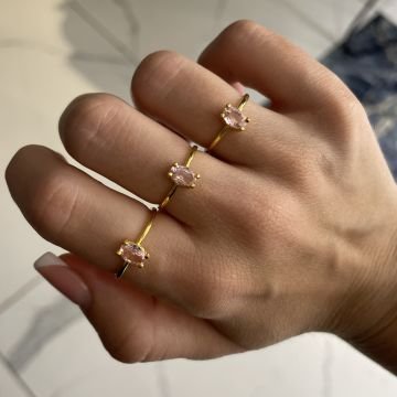 925 Ayar Gümüş Pembe Kuvars Taşlı Yüzük Pure