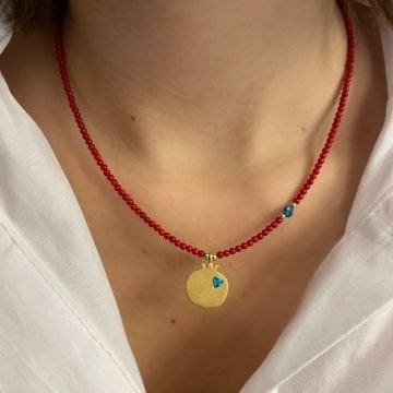 925 Ayar Gümüş Mercan Ve Turkuaz Taşlı Tasarım Nar Kolye Mini Nar