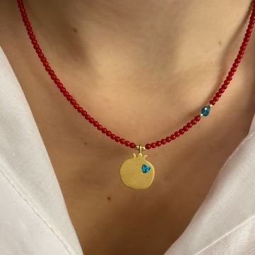 925 Ayar Gümüş Mercan Ve Turkuaz Taşlı Tasarım Nar Kolye Mini Nar