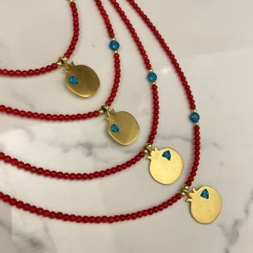 925 Ayar Gümüş Mercan Ve Turkuaz Taşlı Tasarım Nar Kolye Mini Nar